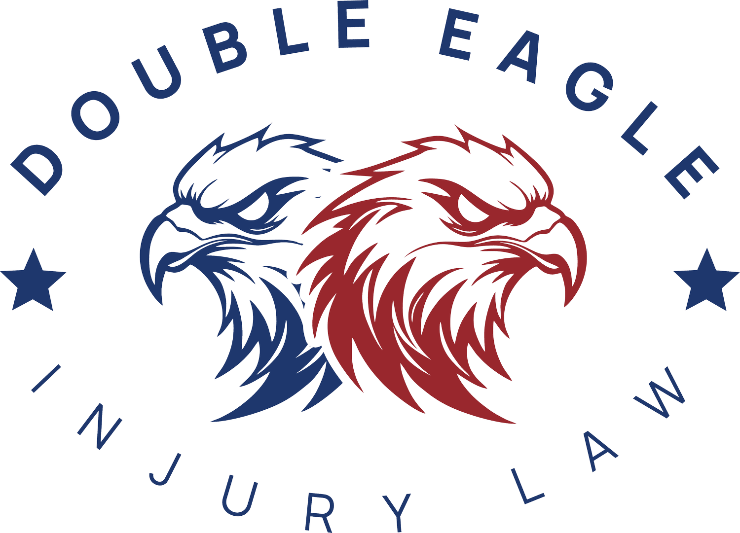 double eagle injury law logo with two eagle heads outlined in blue and red