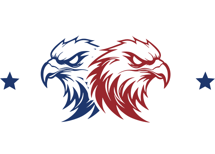 double eagle injury law logo with two eagle heads outlined in blue and red
